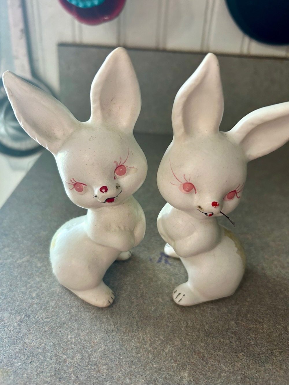 Pair of White bunnies arthroscopic style Figurines with Pink Accents -